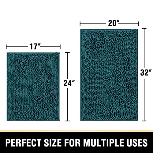 Bathroom Rugs Bath Mats for Bathroom Non Slip Luxury Chenille Bathroom Rugs Extra Soft Absorbent Shaggy Bathroom Mat Rugs Washable Fast Dry Bathroom Rugs Sets 2 Piece (Dark Teal, 20" x 32"/17" x 24")