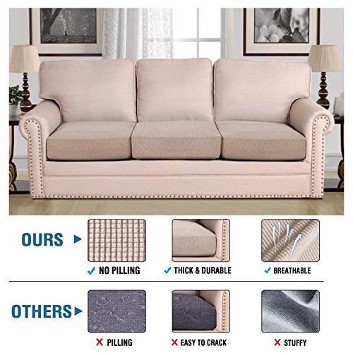 H.VERSAILTEX Super Stretch Individual Seat Cushion Covers Sofa Covers Couch Cushion Covers Slipcovers Featuring Thick Jacquard Textured Twill Fabric (3 Piece XL Sofa Cushion Covers, Sand)
