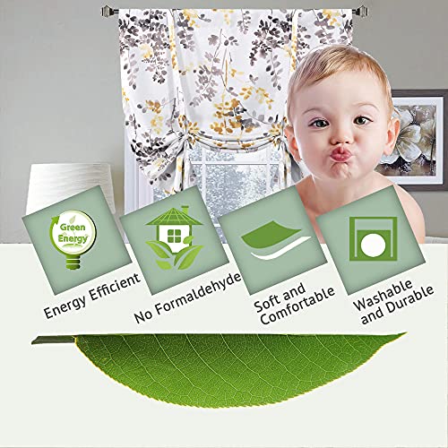 Blackout Tie Up Curtain - Thermal Insulated Balloon Curtain for Small Window Adjustable Kitchen Tie Up Curtain (Floral Pattern in Grey and Yellow, Rod Pocket Panel, 42 inches W x 63 inches L)