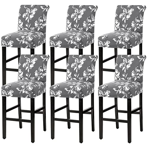 H.VERSAILTEX Stretch Bar Stool Cover Set of 6 Pub Counter Stool Chair Slipcover for Dining Room Cafe Height Side Chairs Feature Modern Floral Printed Design, Grey