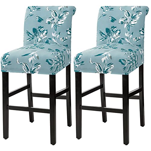 H.VERSAILTEX Stretch Bar Stool Cover Set of 2 Pub Counter Stool Chair Slipcover for Dining Room Cafe Height Side Chairs Feature Modern Floral Printed Design, Aqua