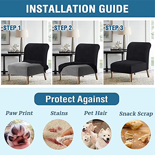 Armless Chair Slipcover Thick Striped Velvet Accent Chair Cover for Living Room High Stretch Slipper Chair Slipcover Removable Furniture Protector with Elastic Bottom, Machine Washable, Black