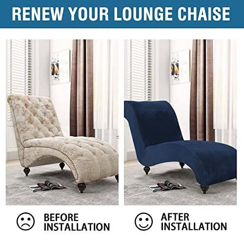 Chaise Lounge Cover Velvet Chaise Lounge Couch Cover High Stretch Chaise Lounge Slipcover Luxury Lounge Chair Cover for Living Room Soft Furniture Protector for Dog, Machine Washable, Navy