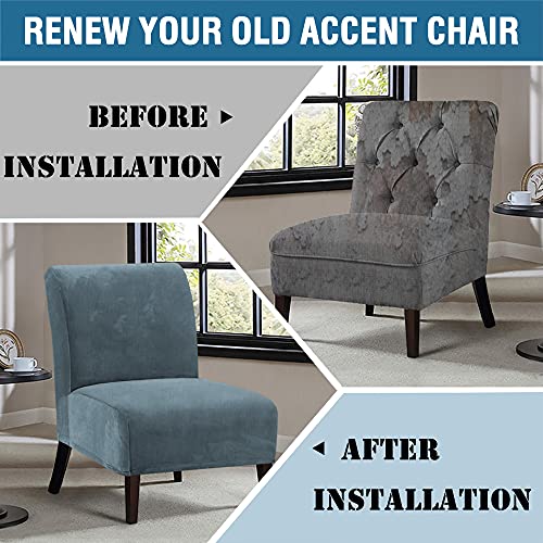 Armless Chair Slipcover Thick Striped Velvet Accent Chair Cover for Living Room High Stretch Slipper Chair Slipcover Removable Furniture Protector with Elastic Bottom, Machine Washable, Stone Blue