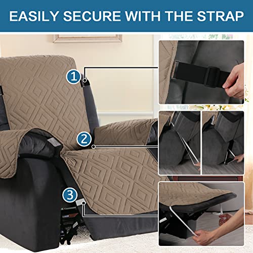 H.VERSAILTEX Reversible Quilted Recliner Covers Water Resistant Furniture Protector for Reclienr Chair with Elastic Straps for Pets Kids Sitting Width Up to 22"(Recliner, Taupe/Beige)
