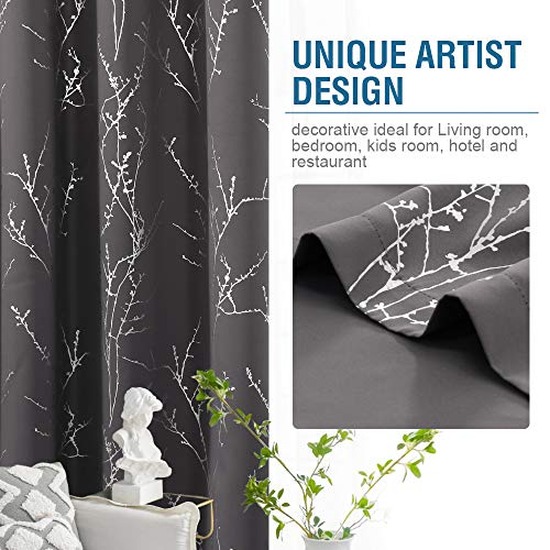 H.VERSAILTEX Blackout Curtains for Bedroom Foil Print Twig Tree Branch Thermal Insulated Grommet Curtain Drapes Light Blocking Thick Soft Window Curtains for Living 52 x 54 Inch Charcoal Gray 2 Panels