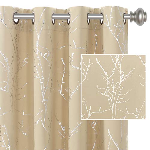 H.VERSAILTEX Blackout Curtains for Bedroom Foil Print Twig Tree Branch Thermal Insulated Grommet Curtain Drapes Light Blocking Thick Soft Window Curtains for Living 52 x 45 Inch Beige 2 Panels