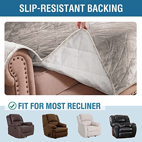 Thick Velvet Quilted Recliner Covers for Recliner Chair Covers Reclining Chair Slipcover Recliner Couch Cover with Non Slip Backing and Wider Elastic Strap (Checked - 79" x 68"- Taupe)