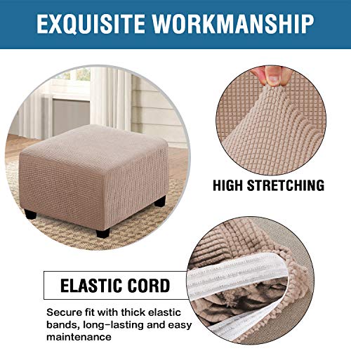 H.VERSAILTEX Square Ottoman Covers Ottoman Slipcovers Folding Storage Stool Furniture Protector Form Fit with Elastic Bottom, Stretch High Spandex Small Checks Jacquard Fabric(Medium,Sand)