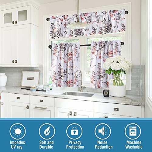 H.VERSAILTEX Blackout Kitchen Curtains Room Darkening Curtains Rod Pocket, Half Window Tier Curtains for Café, Laundry, Bedroom Grey and Coral Classical Floral Printing (Each 32"x 36", 2 Panels)