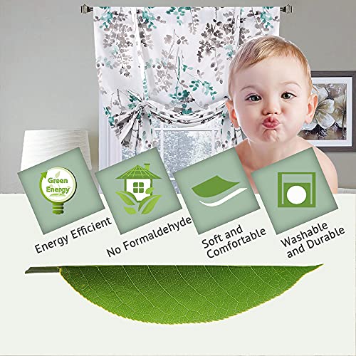 Blackout Tie Up Curtain - Thermal Insulated Balloon Curtain for Small Window Adjustable Kitchen Tie Up Curtain (Floral Pattern in Grey and Turquoise, Rod Pocket Panel, 42 inches W x 63 inches L)