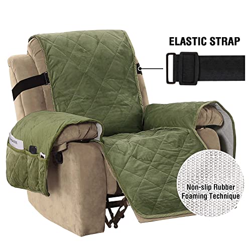 Thick Velvet Quilted Recliner Covers for Recliner Chair Covers Reclining Chair Slipcover Recliner Couch Cover with Non Slip Backing and Wider Elastic Strap (Checked - 79" x 68"- Loden)
