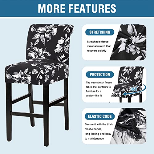 H.VERSAILTEX Stretch Bar Stool Cover Set of 6 Pub Counter Stool Chair Slipcover for Dining Room Cafe Height Side Chairs Feature Modern Floral Printed Design, Black
