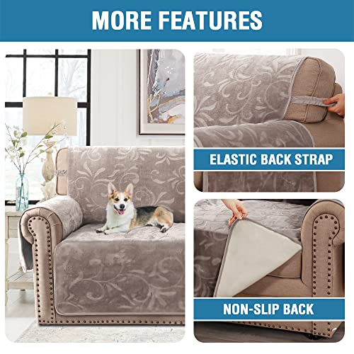 Sofa Slipcover 100% Waterproof Sofa Cover Couch Cover Premium Velvet Classic Flower Pattern Furniture Protector Non Slip with Elastic Straps for Pets Dogs Width Up to 72 Inch (Large Sofa, Taupe)