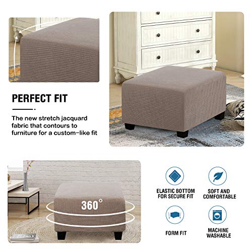 H.VERSAILTEX Square Ottoman Covers Ottoman Slipcovers Folding Storage Stool Furniture Protector Form Fit with Elastic Bottom, Stretch High Spandex Small Checks Jacquard Fabric(Medium,Taupe)