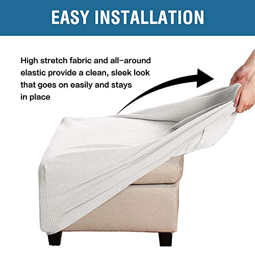 Square Ottoman Covers Ottoman Slipcovers Folding Storage Stool Furniture Protector Form Fit with Elastic Bottom, Stretch High Spandex Small Checks Jacquard Fabric(Medium,Off White)