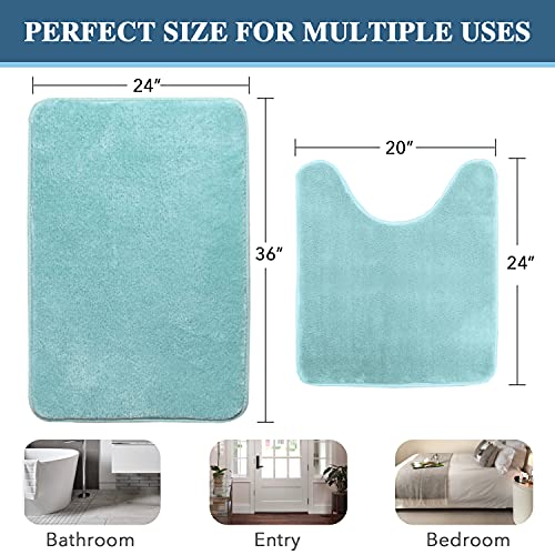 Bath Mat Memory Foam Set Bathroom Rug Set Flannel Velvety Bath Mat Luxury Extra Soft and Absorbent Non Slip Rugs for Bathroom/Bedroom Washable(Curved Set 24"x 36" Plus 20"x 24"U, Eggshell Blue)