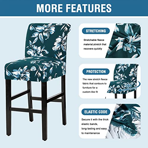 H.VERSAILTEX Stretch Bar Stool Cover Set of 2 Pub Counter Stool Chair Slipcover for Dining Room Cafe Height Side Chairs Feature Modern Floral Printed Design, Dark Teal