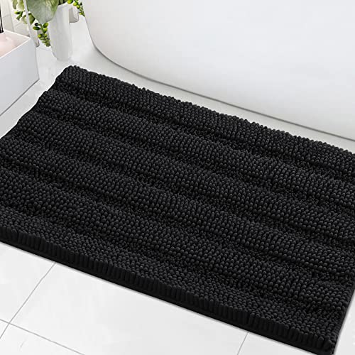 Bath Mats for Bathroom Non Slip Extra Thick Chenille Striped Bath Rug 24" x 36" Absorbent Non Skid Fluffy Soft Shaggy Rugs Washable Dry Fast Plush Mats for Indoor, Bath Room, Tub - Black