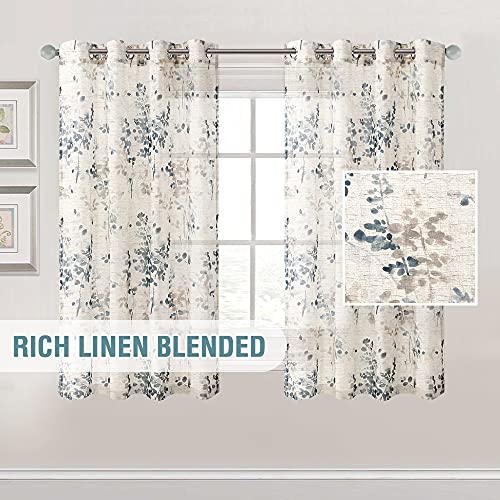 PrimeBeau Linen Sheer Curtains Classical Floral Pattern, Set of 2 Panels