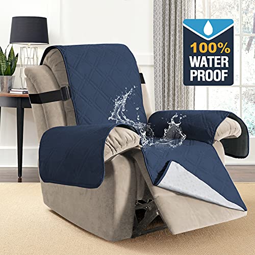 H.VERSAILTEX 100% Waterproof Quilted Recliner Chair Cover Recliner Cover Recliner Slipcover for Living Room, Secure with Elastic Strap and Non Slip Puppy Paw Silicone Backing (Oversized, Navy)