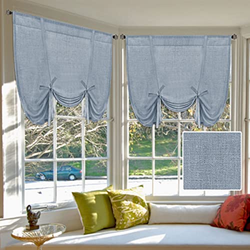 H.VERSAILTEX Tie Up Linen Curtains 63 Inch Length Nature Linen Textured Privacy Curtain Multi Hanging Ways Shade Balloon Window Shade Rod Pocket Casual Curtain - 42x63 - 2 Panels, Stone Blue