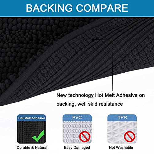 Bath Mats for Bathroom Non Slip Extra Thick Chenille Striped Bath Rug 24" x 36" Absorbent Non Skid Fluffy Soft Shaggy Rugs Washable Dry Fast Plush Mats for Indoor, Bath Room, Tub - Black
