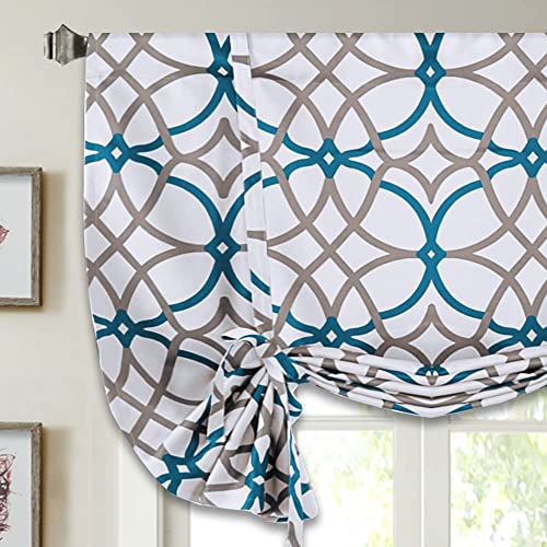 Blackout Curtain Thermal Insulated Adjustable Tie Up Shade Balloon Window Shade, Room Darkening Rod Pocket Curtain - 42" Wide by 63" Long - Teal and Taupe Geo Pattern
