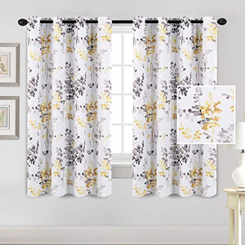 H.VERSAILTEX Blackout Curtains for Living Room Darkening Thermal Insulated Panels 54 Inch Long Light Blocking Gromment Curtains/Drapes, Grey and Yellow Vintage Classical Floral Printing, 2 Panels