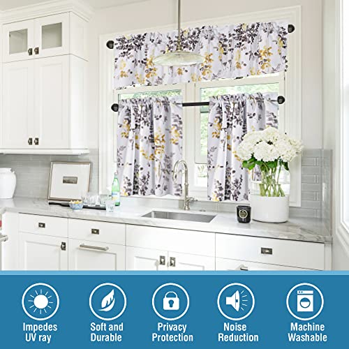 H.VERSAILTEX Blackout Kitchen Curtains Room Darkening Curtains Rod Pocket, Half Window Tier Curtains for Café, Laundry, Bedroom Grey and Yellow Classical Floral Printing (Each 32"x 36", 2 Panels)