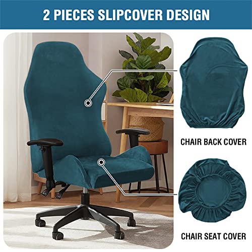 2 Piece Velvet Gaming Chair Covers Stretchable Game Chair Cover Protector Computer Chair Cover Computer Reclining Racing Ruffled Gamer Chair Protector Rotating Armchair Covers (Deep Teal)