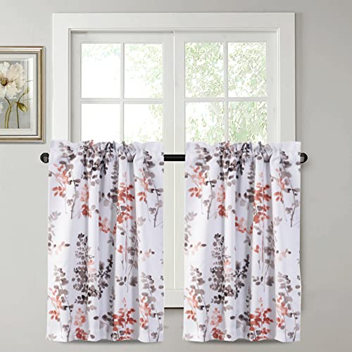 H.VERSAILTEX Blackout Kitchen Curtains Room Darkening Curtains Rod Pocket, Half Window Tier Curtains for Café, Laundry, Bedroom Grey and Coral Classical Floral Printing (Each 32"x 36", 2 Panels)