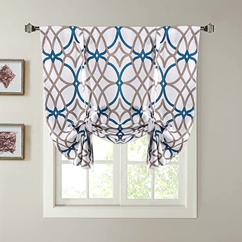 Blackout Curtain Thermal Insulated Adjustable Tie Up Shade Balloon Window Shade, Room Darkening Rod Pocket Curtain - 42" Wide by 63" Long - Teal and Taupe Geo Pattern