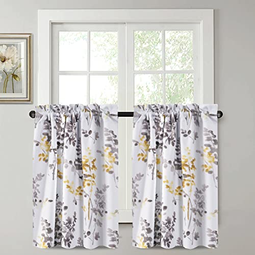 H.VERSAILTEX Blackout Kitchen Curtains Room Darkening Curtains Rod Pocket, Half Window Tier Curtains for Café, Laundry, Bedroom Grey and Yellow Classical Floral Printing (Each 32"x 36", 2 Panels)