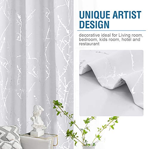 H.VERSAILTEX White Curtains for Bedroom Foil Print Twig Tree Branch Thermal Insulated Grommet Curtain Drapes Light Blocking Thick Soft Window Curtains for Living 52 x 45 Inch Pure White 2 Panels