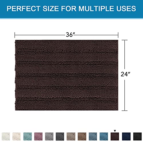 Bath Mats for Bathroom Non Slip Extra Thick Chenille Striped Bath Rug 24" x 36" Absorbent Non Skid Fluffy Soft Shaggy Rugs Washable Dry Fast Plush Mats for Indoor, Bath Room, Tub - Chocolate