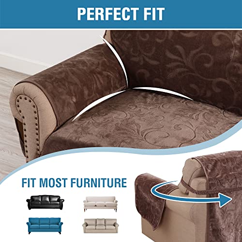 Sofa Slipcover 100% Waterproof Sofa Cover Couch Cover Premium Velvet Classic Flower Pattern Furniture Protector Non Slip with Elastic Straps for Pets Dogs Width Up to 72 Inch (Large Sofa, Chocolate)