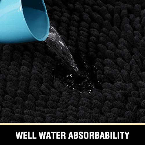 Bathroom Rugs Bath Mats for Bathroom Non Slip Luxury Chenille Bathroom Rugs Extra Soft Absorbent Shaggy Bathroom Mat Rugs Washable Fast Dry Bathroom Rugs Sets 2 Piece (Black, 20" x 32"/17" x 24")
