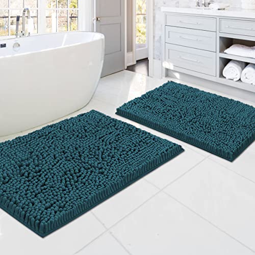 Bathroom Rugs Bath Mats for Bathroom Non Slip Luxury Chenille Bathroom Rugs Extra Soft Absorbent Shaggy Bathroom Mat Rugs Washable Fast Dry Bathroom Rugs Sets 2 Piece (Dark Teal, 20" x 32"/17" x 24")