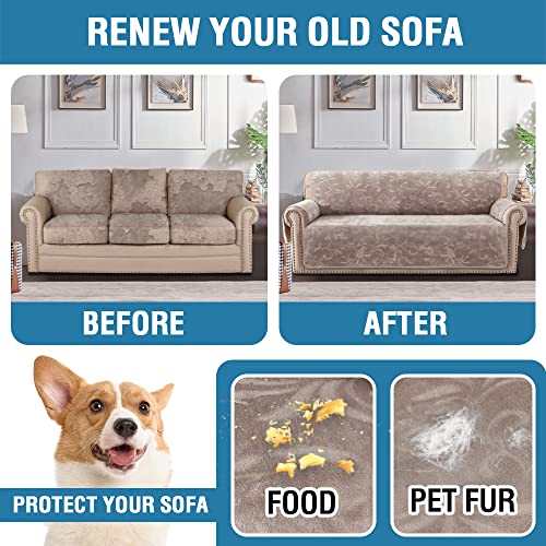 Sofa Slipcover 100% Waterproof Sofa Cover Couch Cover Premium Velvet Classic Flower Pattern Furniture Protector Non Slip with Elastic Straps for Pets Dogs Width Up to 72 Inch (Large Sofa, Taupe)
