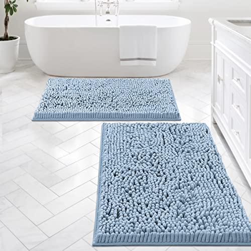 Bathroom Rugs Bath Mats for Bathroom Non Slip Luxury Chenille Bathroom Rugs Extra Soft Absorbent Shaggy Bathroom Mat Rugs Washable Fast Dry Bathroom Rugs Sets 2 Piece (Cool Blue, 24" x 36"/20" x 32")
