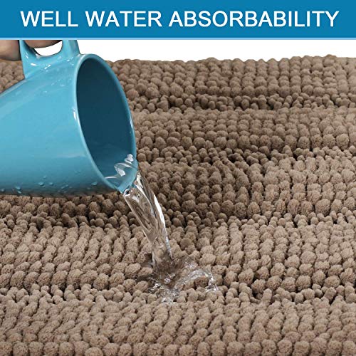 Bath Mats for Bathroom Non Slip Extra Thick Chenille Striped Bath Rug 24" x 36" Absorbent Non Skid Fluffy Soft Shaggy Rugs Washable Dry Fast Plush Mats for Indoor, Bath Room, Tub - Taupe Brown