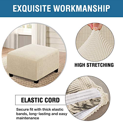 H.VERSAILTEX Square Ottoman Covers Ottoman Slipcovers Folding Storage Stool Furniture Protector Form Fit with Elastic Bottom, Stretch High Spandex Small Checks Jacquard Fabric(Medium,Natural)