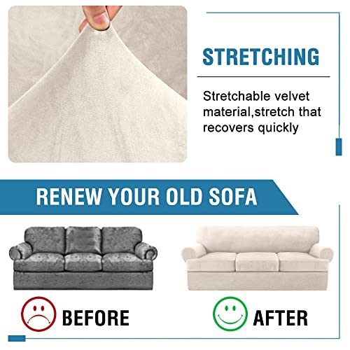 Sofa Cover 4 Piece T Cushion Sofa Slipcovers Thick Velvet Couch Cover Furniture Protector Stretch T Cushion Sofa Covers for 3 Cushion Couch with 3 Individual T Cushion Covers Washable, Ivory