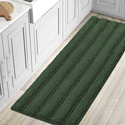 Bath Rugs for Bathroom Non Slip Bath Mats Extra Thick Chenille Striped Bath Rug Runners Oversized 59" x 20" Absorbent Fluffy Soft Shaggy Mats Dry Fast Plush Area Carpet for Bath Room - Bronze Green