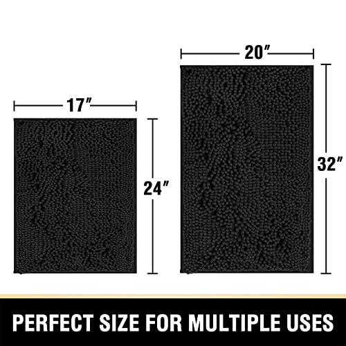Bathroom Rugs Bath Mats for Bathroom Non Slip Luxury Chenille Bathroom Rugs Extra Soft Absorbent Shaggy Bathroom Mat Rugs Washable Fast Dry Bathroom Rugs Sets 2 Piece (Black, 20" x 32"/17" x 24")