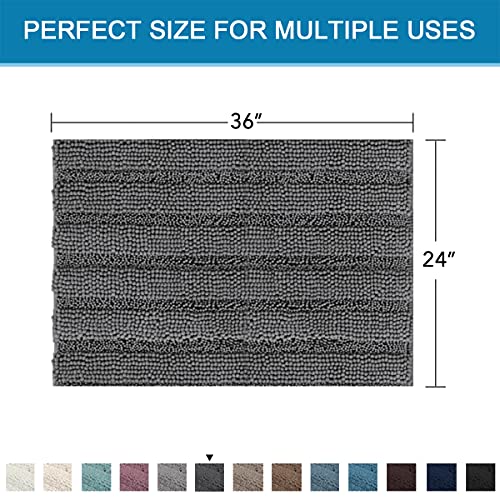 Bath Mats for Bathroom Non Slip Extra Thick Chenille Striped Bath Rug 24" x 36" Absorbent Non Skid Fluffy Soft Shaggy Rugs Washable Dry Fast Plush Mats for Indoor, Bath Room, Tub - Grey