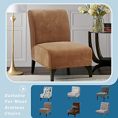 Armless Chair Slipcover Thick Striped Velvet Accent Chair Cover for Living Room High Stretch Slipper Chair Slipcover Removable Furniture Protector with Elastic Bottom, Machine Washable, Camel
