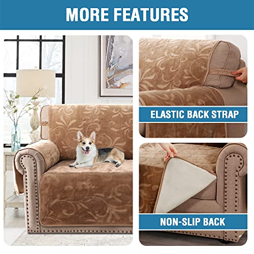 Sofa Slipcover 100% Waterproof Sofa Cover Couch Cover Premium Velvet Classic Flower Pattern Furniture Protector Non Slip with Elastic Straps for Pets Dogs Width Up to 72 Inch (Large Sofa, Camel)