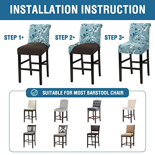 H.VERSAILTEX Stretch Bar Stool Cover Set of 6 Pub Counter Stool Chair Slipcover for Dining Room Cafe Height Side Chairs Feature Modern Floral Printed Design, Aqua